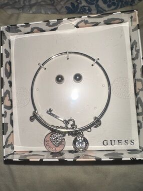 Guess Silver-Tone Charm Bangle Set with Pink and Clear Accents